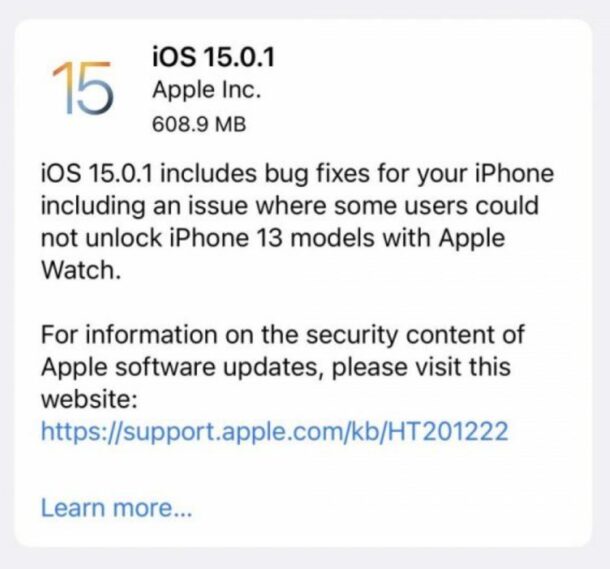 Aggiornamento iOS 15.0.1