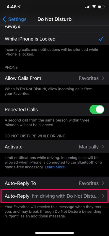 Come modificare il messaggio di risposta automatica per DND durante la guida su iPhone