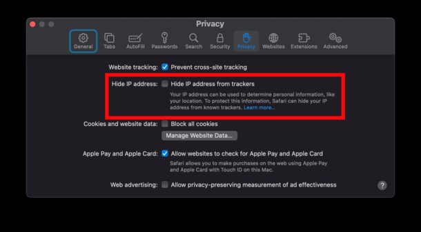 Disabilita Nascondi indirizzo IP dai tracker su Mac