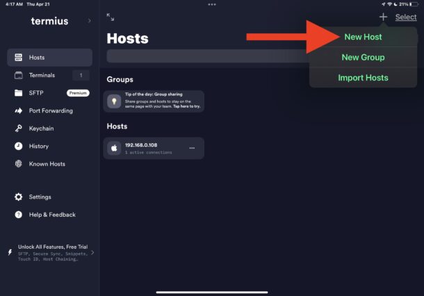 Nuovo host SSH in Termius su iPad