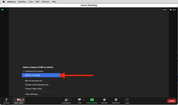 Selezione della fotocamera dell'iPhone come videocamera per Zoom su Mac