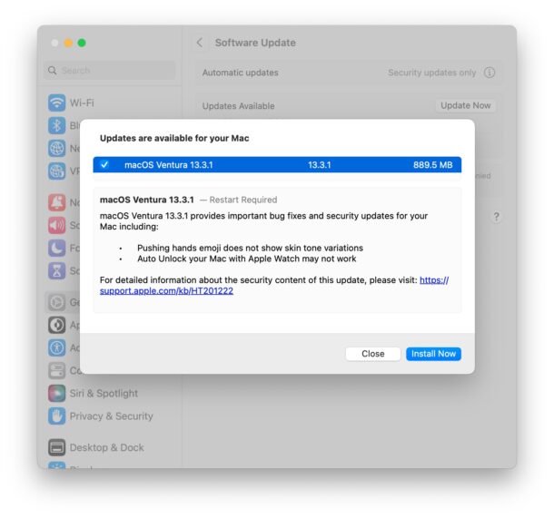 Aggiornamento MacOS Ventura 13.3.1