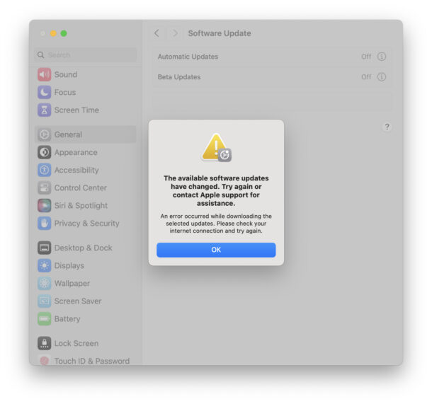 Gli aggiornamenti software disponibili hanno modificato l'errore su Mac