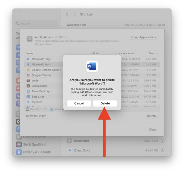 Conferma di voler rimuovere e disinstallare l'app eliminandola dal Mac