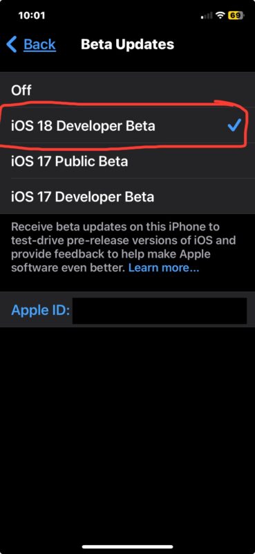 Scegli la beta per sviluppatori iOS 18 dall'elenco per installarla