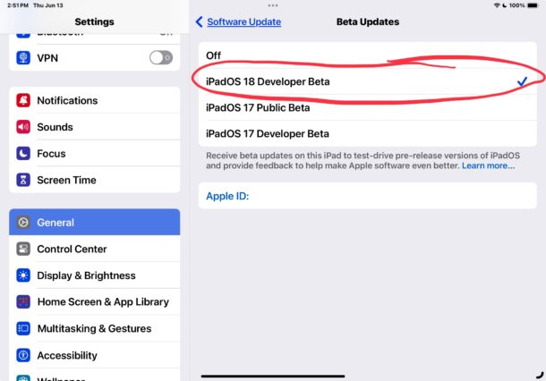 Tocca per selezionare iPadOS 18 Developer Beta