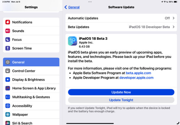 Scarica iPadOS 18 beta 3