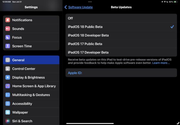 Scegli il programma beta pubblico di iPadOS 18