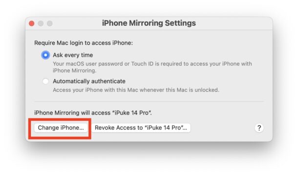 Puoi anche cambiare l'iPhone utilizzato da iPhone Mirroring dall'app stessa