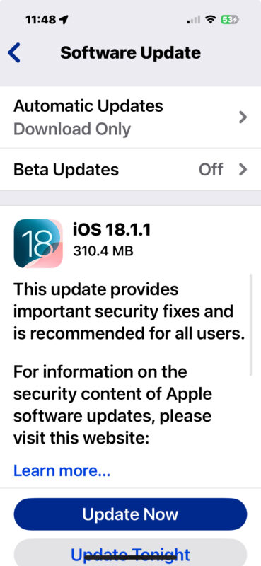 Aggiornamento iOS 18.1.1