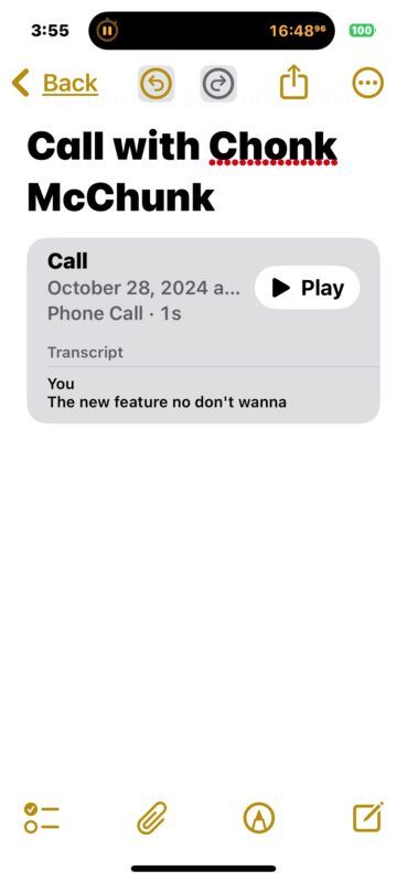 Revisione di una telefonata registrata da iPhone nell'app Note con trascrizione e audio