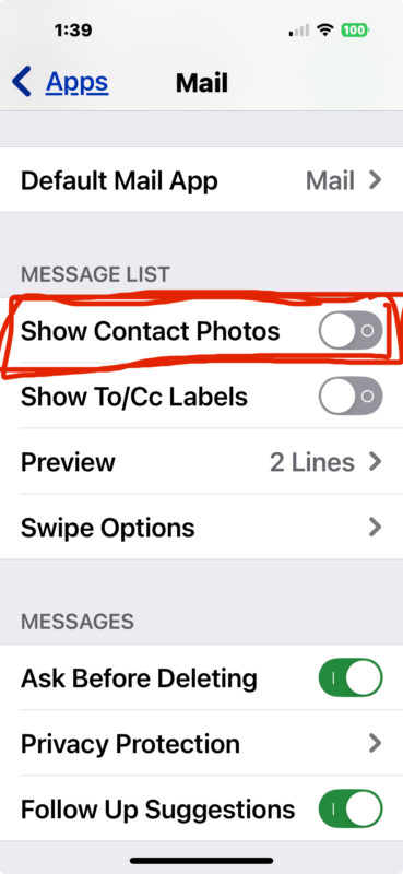 Disabilita Mostra foto dei contatti per nascondere le icone del mittente della posta sull'app Mail di iPhone