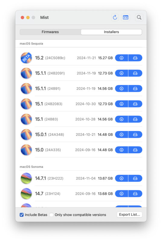 Mist ti consente di scaricare facilmente programmi di installazione e firmware completi per MacOS