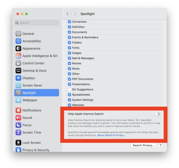 Come disattivare Aiuta Apple a migliorare la ricerca per interrompere la condivisione dei dati con Apple da Mac Spotlight