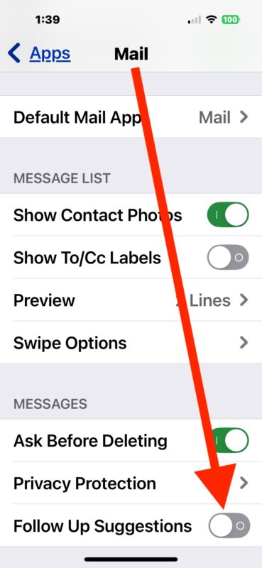 Come disabilitare i suggerimenti di follow -up sulla posta per iPhone o iPad