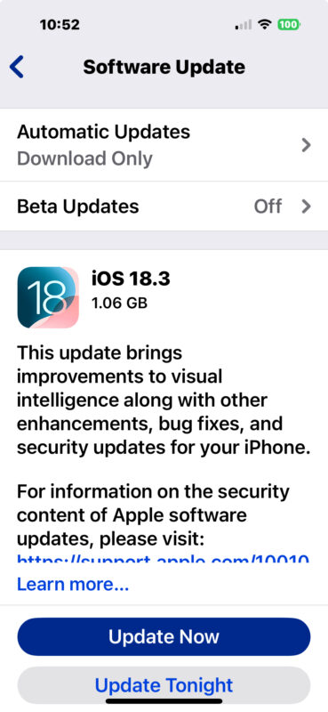 Aggiornamento del software iOS 18.3