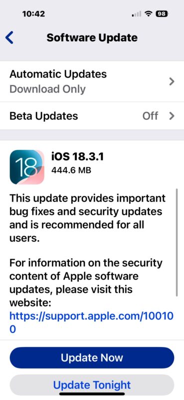 Aggiornamento iOS 18.3.1